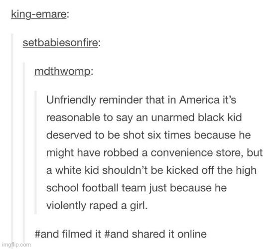 Not made by me | image tagged in racism,rape,police brutality,sports,scumbag america | made w/ Imgflip meme maker