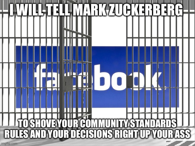 Facebook jail | I WILL TELL MARK ZUCKERBERG; TO SHOVE YOUR COMMUNITY STANDARDS RULES AND YOUR DECISIONS RIGHT UP YOUR ASS | image tagged in facebook jail | made w/ Imgflip meme maker