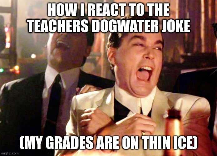 Good Fellas Hilarious | HOW I REACT TO THE TEACHERS DOGWATER JOKE; (MY GRADES ARE ON THIN ICE) | image tagged in memes,good fellas hilarious | made w/ Imgflip meme maker