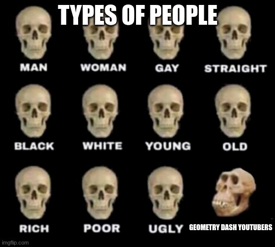 cheze_burgur: no its the Roblox YouTubers that randomly play GD one time and never touch it again | TYPES OF PEOPLE; GEOMETRY DASH YOUTUBERS | image tagged in haha,memes,hahaha,lol,lol so funny,hahahaha | made w/ Imgflip meme maker