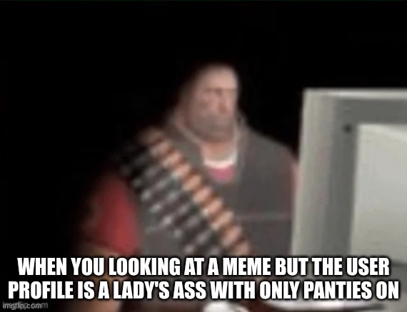 sad heavy computer | WHEN YOU LOOKING AT A MEME BUT THE USER PROFILE IS A LADY'S ASS WITH ONLY PANTIES ON | image tagged in sad heavy computer | made w/ Imgflip meme maker