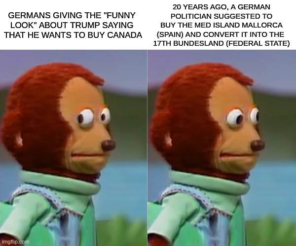 You've got to know "who said what and when" before you judge, ...and I'm german | 20 YEARS AGO, A GERMAN
POLITICIAN SUGGESTED TO
BUY THE MED ISLAND MALLORCA
(SPAIN) AND CONVERT IT INTO THE 
17TH BUNDESLAND (FEDERAL STATE); GERMANS GIVING THE "FUNNY 
LOOK" ABOUT TRUMP SAYING 
THAT HE WANTS TO BUY CANADA | image tagged in memes,monkey puppet,funny memes,trump,canada,germans | made w/ Imgflip meme maker