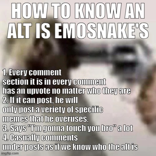 dog gunpoint | HOW TO KNOW AN ALT IS EMOSNAKE'S; 1. Every comment section it is in every comment has an upvote no matter who they are
2. If it can post, he will only post a veriety of specific memes that he overuses.
3. Says "I'm gonna touch you bro" a lot
4. Casually comments under posts as if we know who the alt is | image tagged in dog gunpoint | made w/ Imgflip meme maker