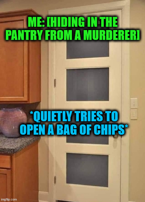 I can not keep quiet | ME: [HIDING IN THE
PANTRY FROM A MURDERER]; *QUIETLY TRIES TO
OPEN A BAG OF CHIPS* | image tagged in murdered,killer | made w/ Imgflip meme maker