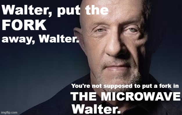 I am the one who cooks microwave meals | Walter, put the; FORK; away, Walter. You're not supposed to put a fork in; THE MICROWAVE; Walter. | image tagged in mike ehrmantraut,breaking bad,shitpost | made w/ Imgflip meme maker