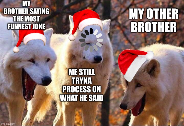 Laughing wolf | MY BROTHER SAYING THE MOST FUNNEST JOKE; MY OTHER BROTHER; ME STILL TRYNA PROCESS ON WHAT HE SAID | image tagged in laughing wolf | made w/ Imgflip meme maker