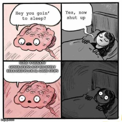Hey you going to sleep? | SONIC X SHADOW GENERATIONS JUST RECENTLY RELEASED IN LOCAL GAME STOPS | image tagged in hey you going to sleep | made w/ Imgflip meme maker