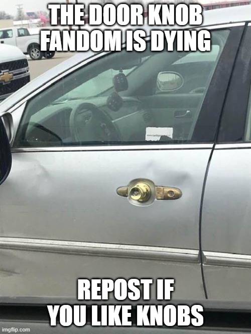 door knob car door | THE DOOR KNOB FANDOM IS DYING; REPOST IF YOU LIKE KNOBS | image tagged in door knob car door | made w/ Imgflip meme maker