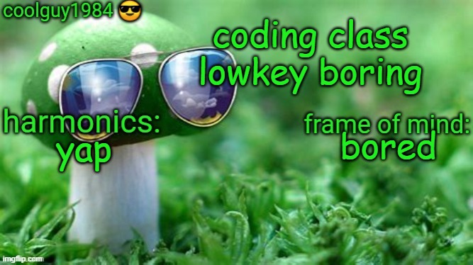 coolguy1984 super cool template | coding class lowkey boring; bored; yap | image tagged in coolguy1984 super cool template | made w/ Imgflip meme maker