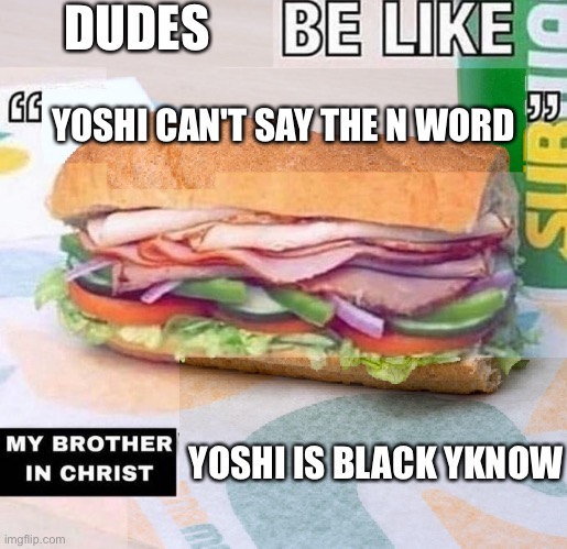 talkin bout the user, not the character. | DUDES; YOSHI CAN'T SAY THE N WORD; YOSHI IS BLACK YKNOW | image tagged in x be like x my brother in christ x | made w/ Imgflip meme maker