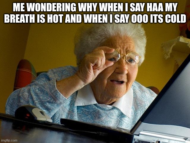 Grandma Finds The Internet Meme | ME WONDERING WHY WHEN I SAY HAA MY BREATH IS HOT AND WHEN I SAY OOO ITS COLD | image tagged in memes,grandma finds the internet | made w/ Imgflip meme maker