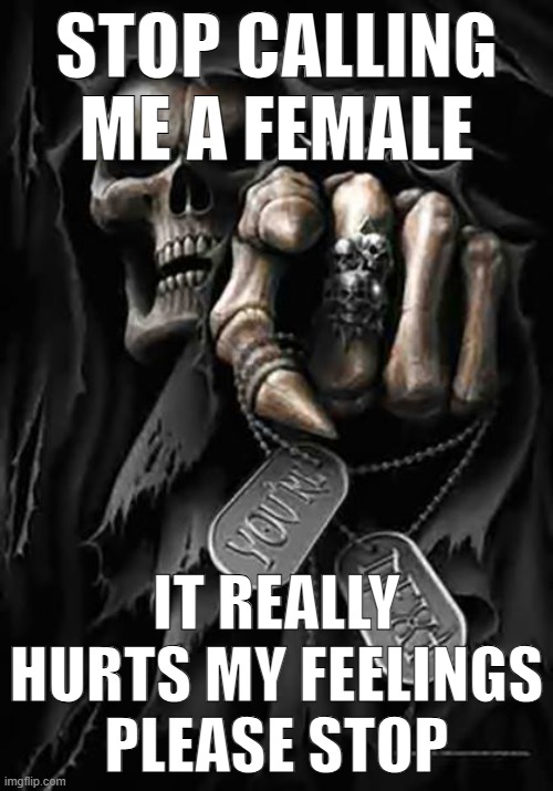 Grim Reaper | STOP CALLING ME A FEMALE; IT REALLY HURTS MY FEELINGS PLEASE STOP | image tagged in grim reaper | made w/ Imgflip meme maker