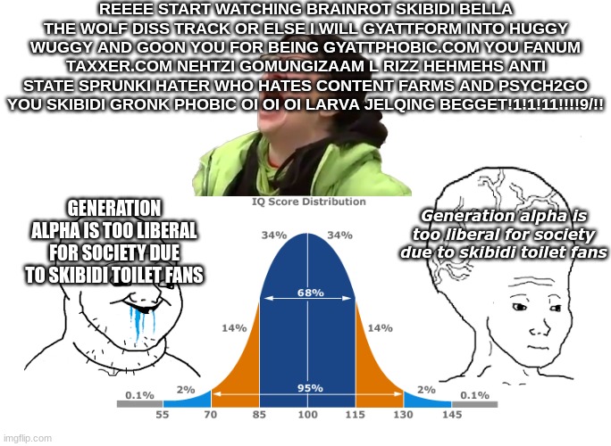 Bell curve meme ( generation alpha is way too liberal for society) | REEEE START WATCHING BRAINROT SKIBIDI BELLA THE WOLF DISS TRACK OR ELSE I WILL GYATTFORM INTO HUGGY WUGGY AND GOON YOU FOR BEING GYATTPHOBIC.COM YOU FANUM TAXXER.COM NEHTZI GOMUNGIZAAM L RIZZ HEHMEHS ANTI STATE SPRUNKI HATER WHO HATES CONTENT FARMS AND PSYCH2GO YOU SKIBIDI GRONK PHOBIC OI OI OI LARVA JELQING BEGGET!1!1!11!!!!9/!! Generation alpha is too liberal for society due to skibidi toilet fans; GENERATION ALPHA IS TOO LIBERAL FOR SOCIETY DUE TO SKIBIDI TOILET FANS | image tagged in iq bell curve school | made w/ Imgflip meme maker