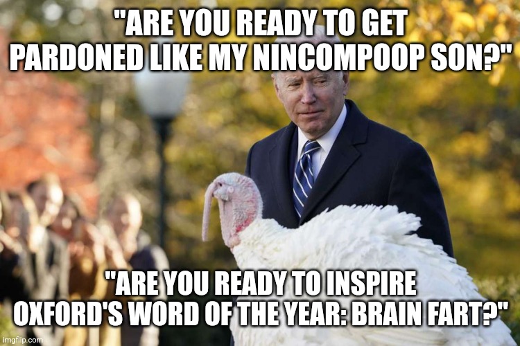 Brain Fart Joe | "ARE YOU READY TO GET PARDONED LIKE MY NINCOMPOOP SON?"; "ARE YOU READY TO INSPIRE OXFORD'S WORD OF THE YEAR: BRAIN FART?" | image tagged in introspective joe biden and instrospective turkey,brain,fart,joe | made w/ Imgflip meme maker