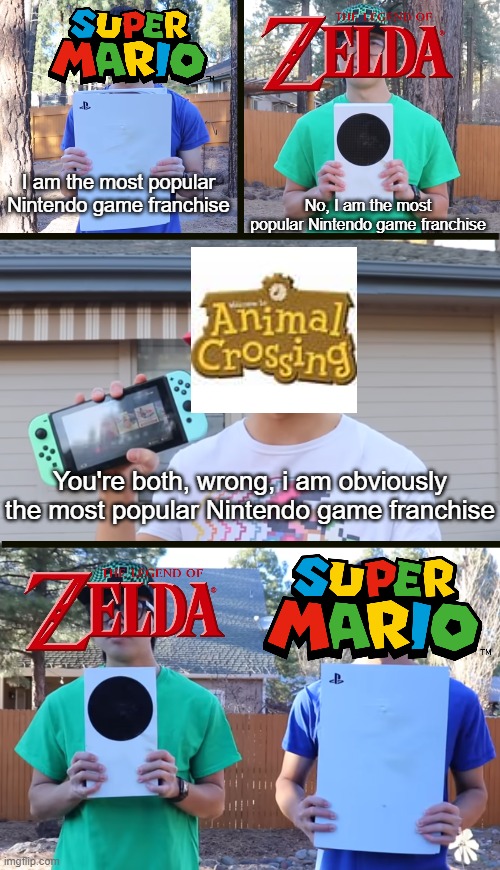 this... took a while | I am the most popular Nintendo game franchise; No, I am the most popular Nintendo game franchise; You're both, wrong, i am obviously the most popular Nintendo game franchise | image tagged in my x is better no my x is better you're both wrong y is better | made w/ Imgflip meme maker