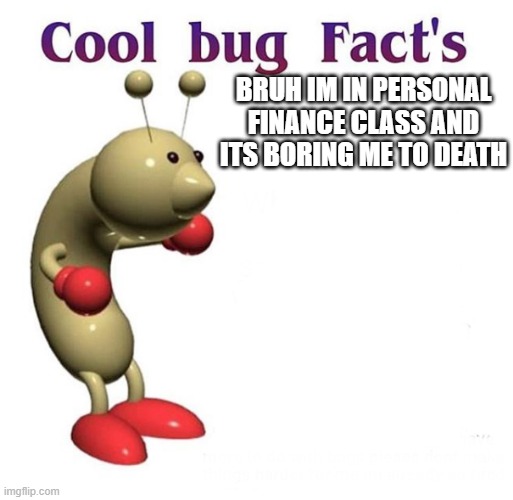 Cool Bug Facts | BRUH IM IN PERSONAL FINANCE CLASS AND ITS BORING ME TO DEATH | image tagged in cool bug facts | made w/ Imgflip meme maker