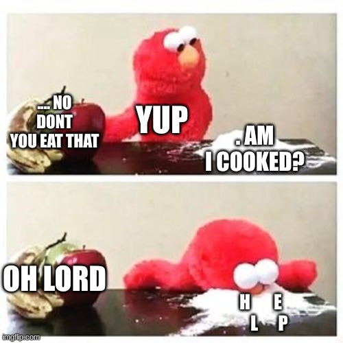 elmo cocaine | .... NO DONT YOU EAT THAT; YUP; . AM I COOKED? OH LORD; H       E      L      P | image tagged in elmo cocaine | made w/ Imgflip meme maker