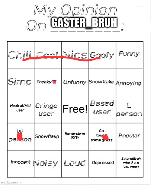 My Opinion On ________: Bingo by Andika V2 | GASTER_BRUH | image tagged in my opinion on ________ bingo by andika v2 | made w/ Imgflip meme maker