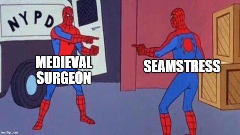 IRI | MEDIEVAL SURGEON; SEAMSTRESS | image tagged in spiderman pointing at spiderman | made w/ Imgflip meme maker