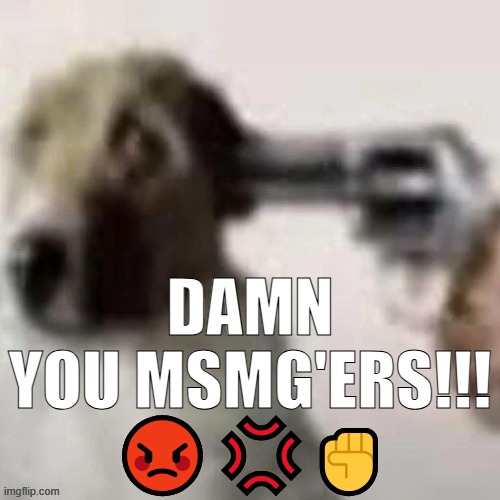 dog gunpoint | DAMN YOU MSMG'ERS!!! 😡💢✊ | image tagged in dog gunpoint | made w/ Imgflip meme maker