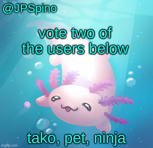 JPSpino's axolotl temp updated | vote two of the users below; tako, pet, ninja | image tagged in jpspino's axolotl temp updated | made w/ Imgflip meme maker