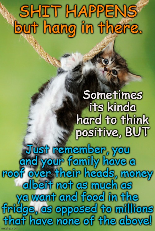 Shit happens, but hang in there. | SHIT HAPPENS but hang in there. Yarra Man; Sometimes its kinda hard to think positive, BUT; Just remember, you and your family have a roof over their heads, money albeit not as much as ya want and food in the fridge, as opposed to millions that have none of the above! | image tagged in hanging kitten,hanging cat,when the shit hits the fan,meanwhile,kitty cat,cute | made w/ Imgflip meme maker