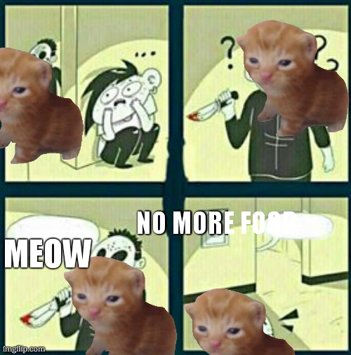 The murderer | MEOW NO MORE FOOD | image tagged in the murderer | made w/ Imgflip meme maker