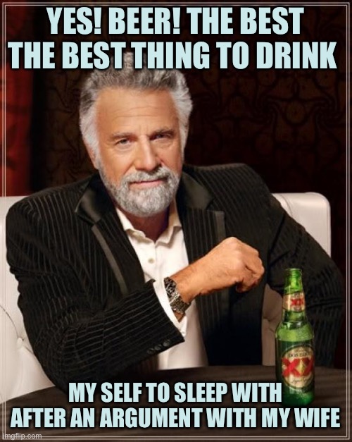 The Most Interesting Man In The World | YES! BEER! THE BEST THE BEST THING TO DRINK; MY SELF TO SLEEP WITH AFTER AN ARGUMENT WITH MY WIFE | image tagged in memes,the most interesting man in the world | made w/ Imgflip meme maker