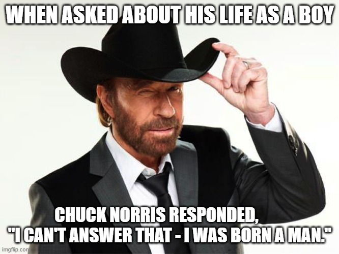 Chuck norris  | WHEN ASKED ABOUT HIS LIFE AS A BOY; CHUCK NORRIS RESPONDED,         "I CAN'T ANSWER THAT - I WAS BORN A MAN." | image tagged in chuck norris | made w/ Imgflip meme maker