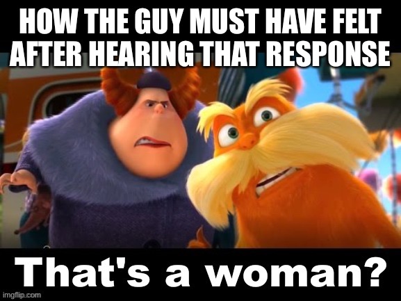 Lorax That’s a woman? | HOW THE GUY MUST HAVE FELT AFTER HEARING THAT RESPONSE | image tagged in lorax that s a woman | made w/ Imgflip meme maker