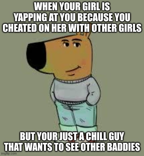 "Im Lowkey Just A Chill Guy" | WHEN YOUR GIRL IS YAPPING AT YOU BECAUSE YOU CHEATED ON HER WITH OTHER GIRLS; BUT YOUR JUST A CHILL GUY THAT WANTS TO SEE OTHER BADDIES | image tagged in low key just a chill guy | made w/ Imgflip meme maker