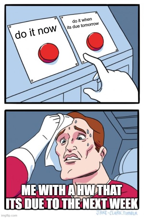 Two Buttons Meme | do it when its due tomorrow; do it now; ME WITH A HW THAT ITS DUE TO THE NEXT WEEK | image tagged in memes,two buttons | made w/ Imgflip meme maker