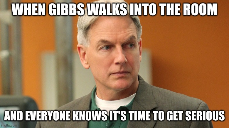 gibbs | WHEN GIBBS WALKS INTO THE ROOM; AND EVERYONE KNOWS IT'S TIME TO GET SERIOUS | image tagged in gibbs | made w/ Imgflip meme maker