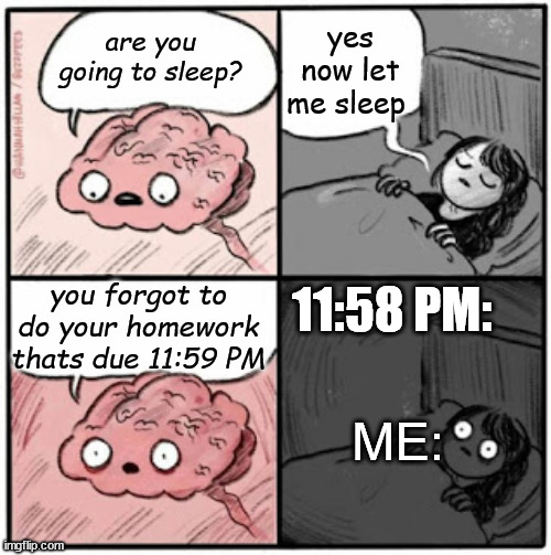 always do your homework before bed time | yes now let me sleep; are you going to sleep? you forgot to do your homework thats due 11:59 PM; 11:58 PM:; ME: | image tagged in brain before sleep | made w/ Imgflip meme maker