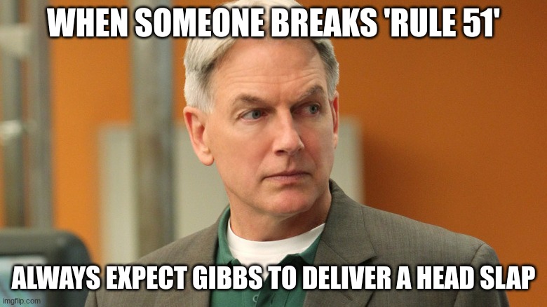 gibbs | WHEN SOMEONE BREAKS 'RULE 51'; ALWAYS EXPECT GIBBS TO DELIVER A HEAD SLAP | image tagged in gibbs | made w/ Imgflip meme maker