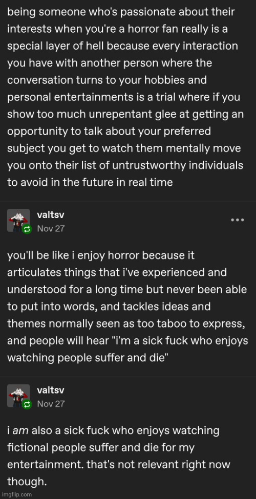 Horror Fans | image tagged in horror,horror movie,horror movies,controversy,fiction,misunderstanding | made w/ Imgflip meme maker