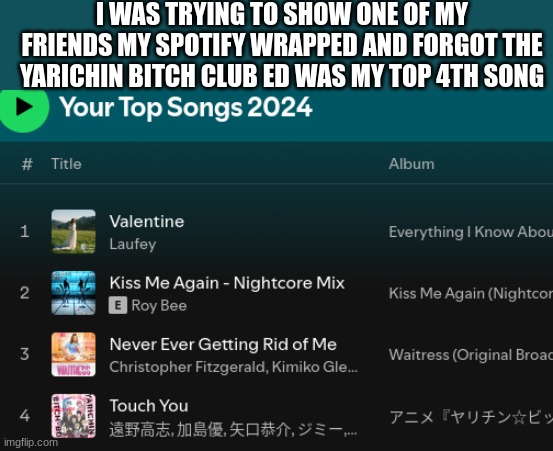 yeah no that was hard to explain | I WAS TRYING TO SHOW ONE OF MY FRIENDS MY SPOTIFY WRAPPED AND FORGOT THE YARICHIN BITCH CLUB ED WAS MY TOP 4TH SONG | image tagged in anime,music,oof | made w/ Imgflip meme maker