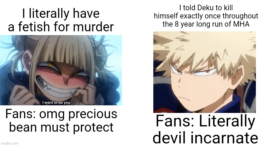 . | I told Deku to kill himself exactly once throughout the 8 year long run of MHA; I literally have a fetish for murder; Fans: omg precious bean must protect; Fans: Literally devil incarnate | image tagged in white blank template 1640 x 924px | made w/ Imgflip meme maker