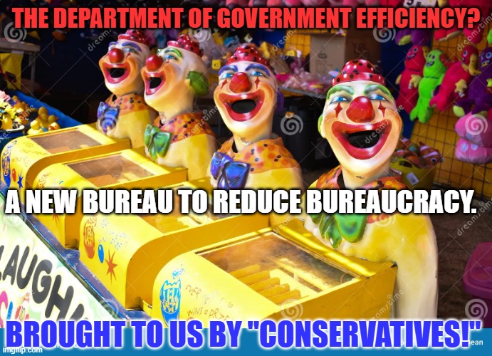 The irony is lost on them. | THE DEPARTMENT OF GOVERNMENT EFFICIENCY? A NEW BUREAU TO REDUCE BUREAUCRACY. BROUGHT TO US BY "CONSERVATIVES!" | made w/ Imgflip meme maker