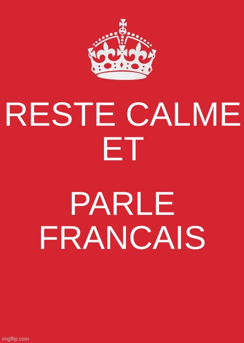 A poster in French class | RESTE CALME
ET; PARLE FRANCAIS | image tagged in memes,keep calm and carry on red | made w/ Imgflip meme maker