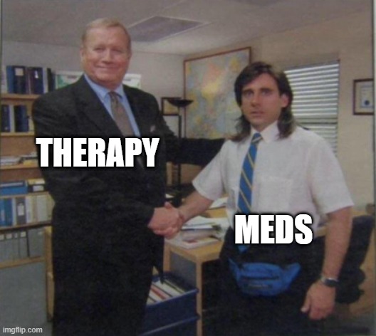 Meds vs Therapy | THERAPY; MEDS | image tagged in young michael scott shaking ed truck's hand | made w/ Imgflip meme maker