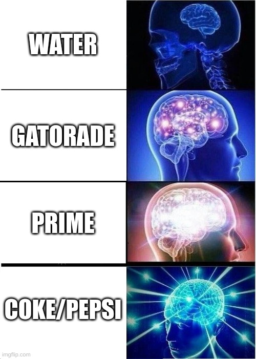 Expanding Brain | WATER; GATORADE; PRIME; COKE/PEPSI | image tagged in memes,expanding brain | made w/ Imgflip meme maker