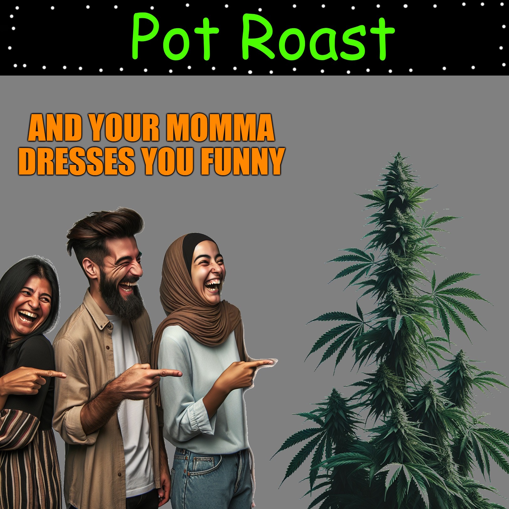 pot roast | AND YOUR MOMMA DRESSES YOU FUNNY | image tagged in roast,pot,kewlew | made w/ Imgflip meme maker