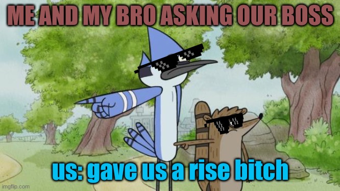 a rise | ME AND MY BRO ASKING OUR BOSS; us: gave us a rise bitch | image tagged in regular show | made w/ Imgflip meme maker