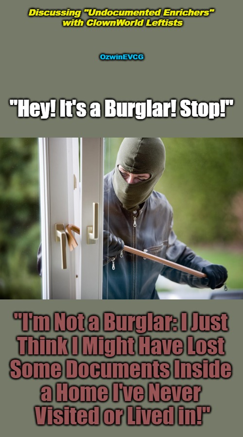 Discussing "Undocumented Enrichers" with ClownWorld Leftists | Discussing "Undocumented Enrichers" 

with ClownWorld Leftists; OzwinEVCG; "Hey! It's a Burglar! Stop!"; "I'm Not a Burglar: I Just 

Think I Might Have Lost 

Some Documents Inside 

a Home I've Never 

Visited or Lived in!" | image tagged in burglars,immigrants,invaders,liberal logic,fun with english,occupied usa | made w/ Imgflip meme maker