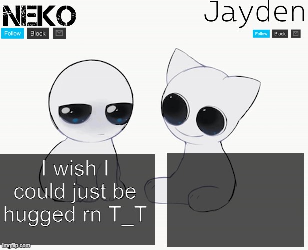 Even then im picky when it comes to who hugs me T_T | I wish I could just be hugged rn T_T | image tagged in jayden and neko shared temp | made w/ Imgflip meme maker