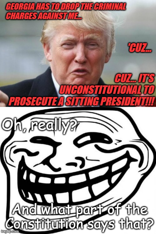 Oh yeah, he's a genius alright -just ask him... LOL | GEORGIA HAS TO DROP THE CRIMINAL
CHARGES AGAINST ME... 'CUZ... CUZ... IT'S
UNCONSTITUTIONAL TO
PROSECUTE A SITTING PRESIDENT!!! Oh, really? And what part of the Constitution says that? | image tagged in trump crybaby,memes,troll face | made w/ Imgflip meme maker