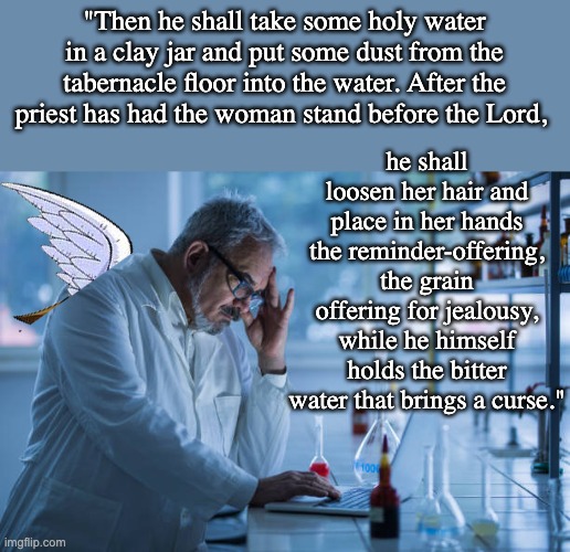 Biblically accurate "science" | he shall loosen her hair and place in her hands the reminder-offering, the grain offering for jealousy, while he himself holds the bitter water that brings a curse."; "Then he shall take some holy water in a clay jar and put some dust from the tabernacle floor into the water. After the priest has had the woman stand before the Lord, | image tagged in worried scientist,bible,abortion,magic | made w/ Imgflip meme maker