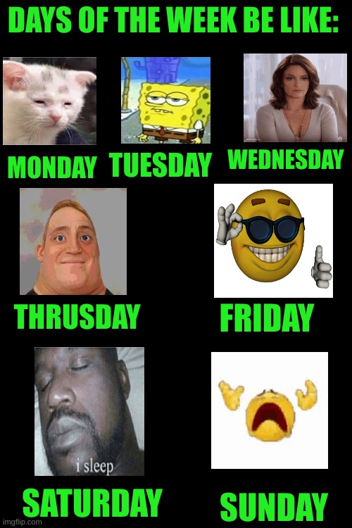 days of the week be like: | DAYS OF THE WEEK BE LIKE:; WEDNESDAY; TUESDAY; MONDAY; THRUSDAY; FRIDAY; SATURDAY; SUNDAY | image tagged in okay | made w/ Imgflip meme maker