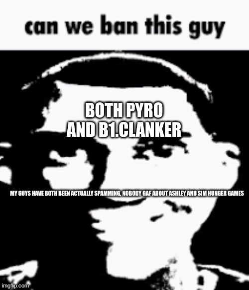 please | BOTH PYRO AND B1.CLANKER; MY GUYS HAVE BOTH BEEN ACTUALLY SPAMMING, NOBODY GAF ABOUT ASHLEY AND SIM HUNGER GAMES | image tagged in can we ban this guy | made w/ Imgflip meme maker